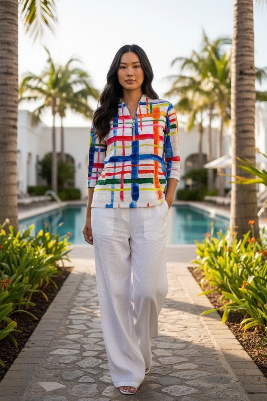 Alisha D Abstract Print Zip Front Tunic Top Medium Colorful Stretch 3/4 Sleeve